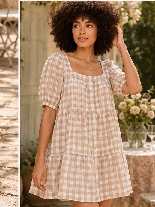 Garden Party Wedding Guest En Saison Mini Babydoll Dress In Pink Gingham Medium